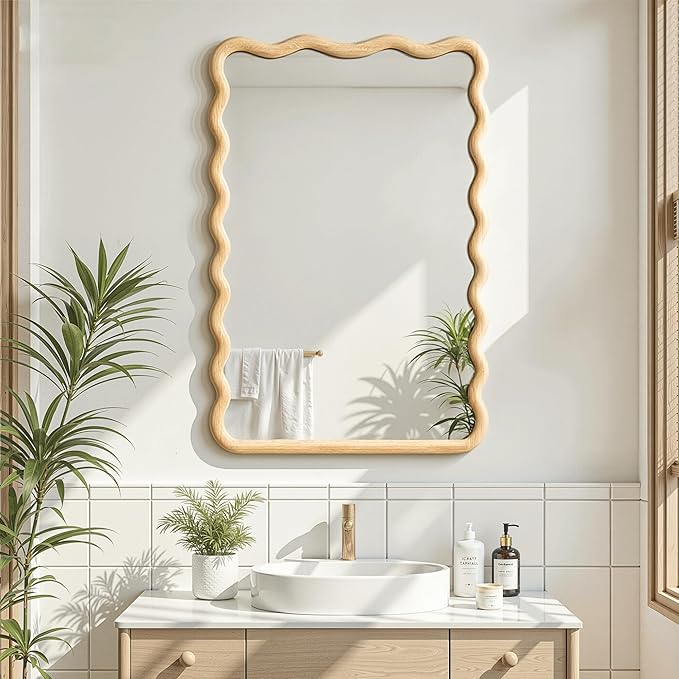 Wavy Mirror for Wall, 36"x24" Boho Bathroom Floor Vanity Mirror with Wooden Frame, for Bedroom, Living Room, Entryway, Farmhouse