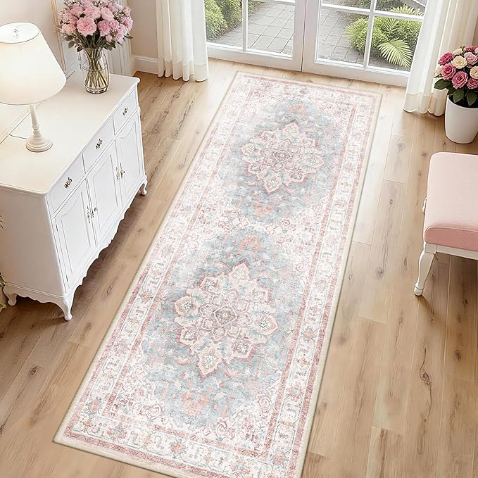 CAPALOCA Machine Washable Rugs Nursery Rug 2x6 Cute Girl Non Slip Low Pile Water Repellent Soft Print Pattern for Bedroom Indoor Decor Kids Playroom Pink Blue
