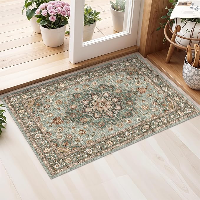 Washable Oriental Area Rug - 2x3 Rugs for Living Room Soft Carpet for Bedroom Waterproof Floral Distressed Indoor Stain Resistant Non-Shedding Floor Carpets (Green, 2x3)