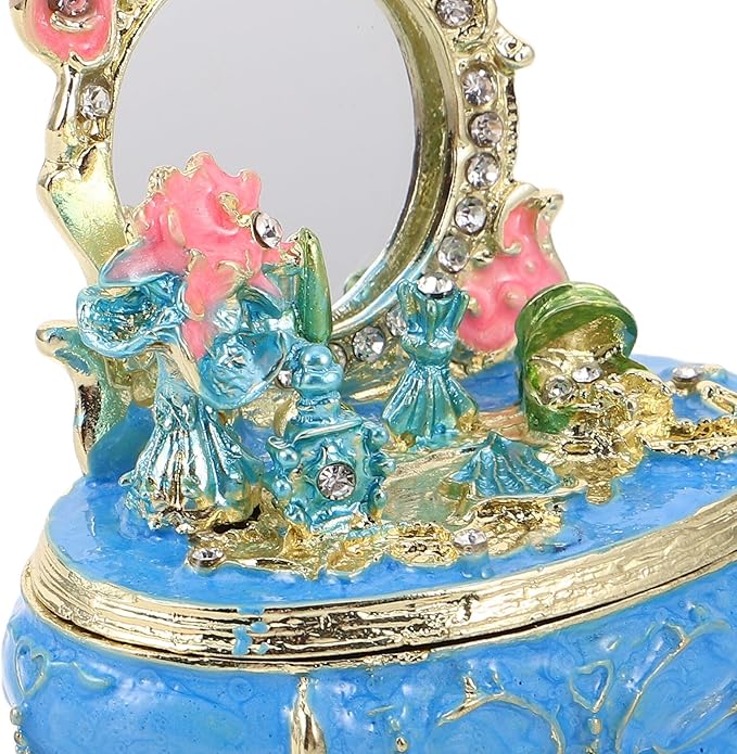 POPETPOP Enamel Jewelry Trinket Box Hand-painted Metal Decorative Storage Case with Hinged Lid Blue for Dressing Table Makeup Room Organizer