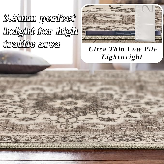TOPRUUG Washable Oriental Area Rug - 5ft Round Rugs for Living Room Soft Carpet for Bedroom Waterproof Floral Distressed Indoor Stain Resistant Non-Shedding Floor Carpets (Beige, 5ft-Round)