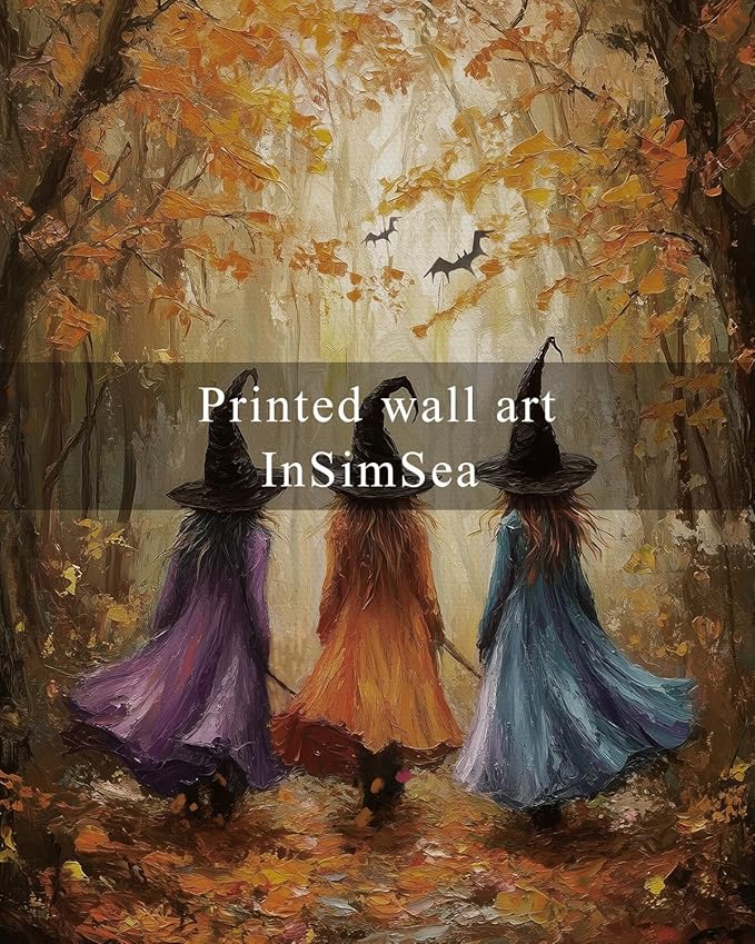 InSimSea Framed Canvas Wall Art, Mystical Witch Art Prints, Halloween Fall Decor for Living Kids Room Bedroom Hallway Entryway Fireplace, Cute Autumn Forest Decor, 12x16 Inch