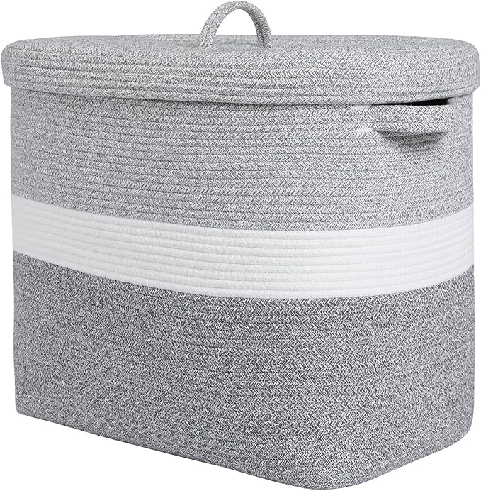 22"x14"x18" Rectangular Extra Large Storage Basket With Lid, Large Cotton Rope Storage Basket, Woven Laundry Hamper, Cloth Storage Bin, for Clothes Towels Blankets in Living Room, Dual Grey