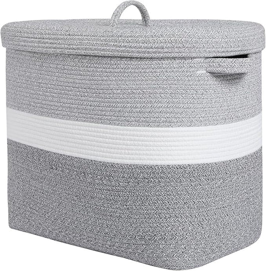 22"x14"x18" Rectangular Extra Large Storage Basket With Lid, Large Cotton Rope Storage Basket, Woven Laundry Hamper, Cloth Storage Bin, for Clothes Towels Blankets in Living Room, Dual Grey