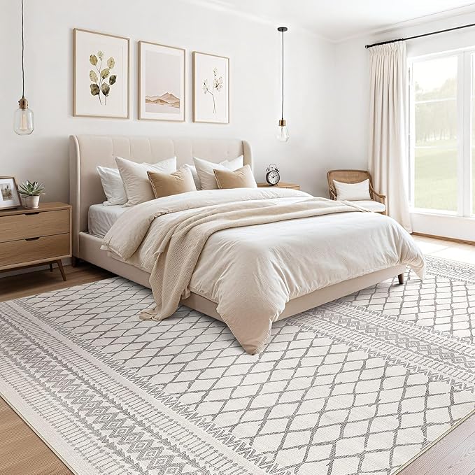 cotiled 5x7 Area Rug Living Room: Washable Boho Rugs with Non Slip Backing Large Soft Indoor Stain Resistant Carpet for Bedroom Farmhouse Dining Room Lightweight Home Decor Beige/Gray