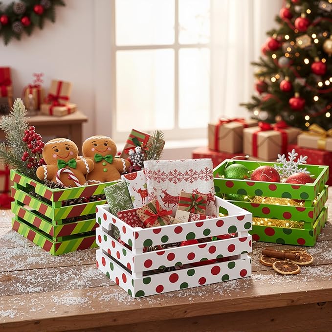 Novabright 3 Pcs Christmas Wood Crates 13'' 11'' 9'' Decorative Rustic Nesting Crate with Handle Farmhouse Wood Storage Basket Gift Boxes for Winter Display Candy Craft Pet Holiday Decor(Clean Style)