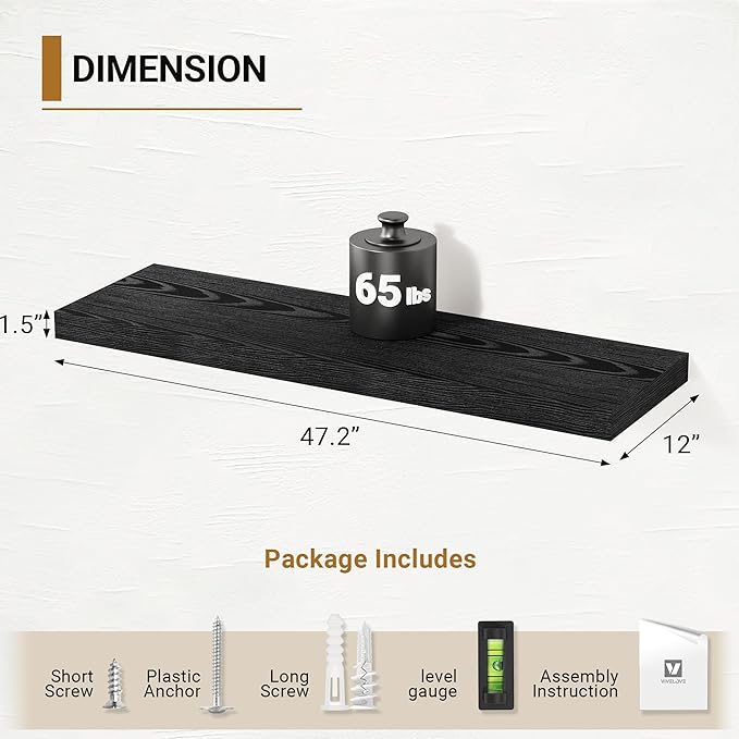 Vivelove Black Floating Shelves 47.2 Inches Wide, 12" Deep Wall Shelves for Bedroom, Bathroom, Living Room, Kitchen, Office, Rustic Home Decor Shelf with Invisible Brackets, 47.2X12X1.5, Set of 2