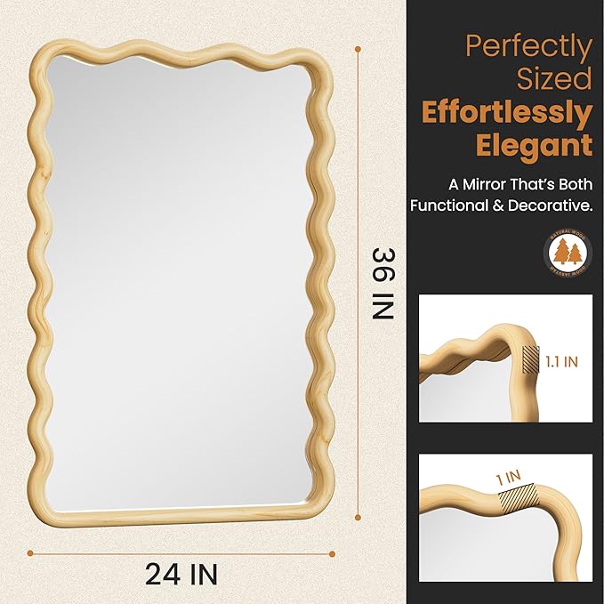 TRAHOME 24x36 Wavy Wood Bathroom Vanity Mirror, Boho Wall Mirror with Natural Wood Frame for Over Sink, Entryway, Bedroom