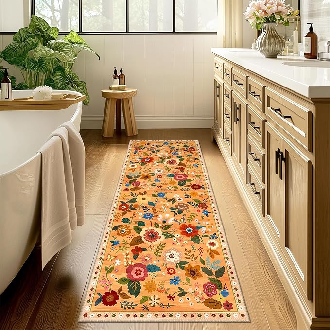 RELEANY Floral Nursery 2x10 Area Rugs Washable Print Boho Cute Carpet Non Slip Flower Low Pile for Living Room Kids Girls Playroom Bedroom Kitchen Office Farmhouse-Yellow/Orange
