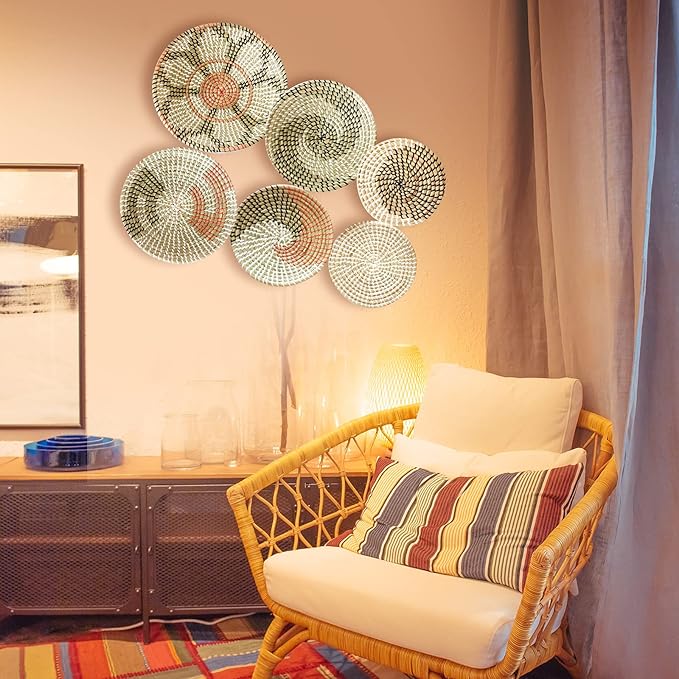 Boho Wall Basket Decor Set of 6 - Hanging Woven Basket Wall Decor, Handcrafted Round Flat Seagrass Baskets Wall Art, for Modern、Farmhouse、Home - Unique Modern Wall Basket Decor