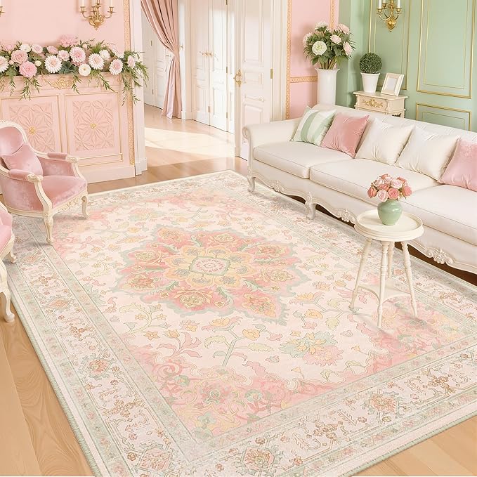 CAPALOCA Machine Washable Rugs Nursery Rug 9x12 Cute Girl Non Slip Low Pile Water Repellent Soft Print Pattern for Bedroom Indoor Decor Kids Playroom Pink Green
