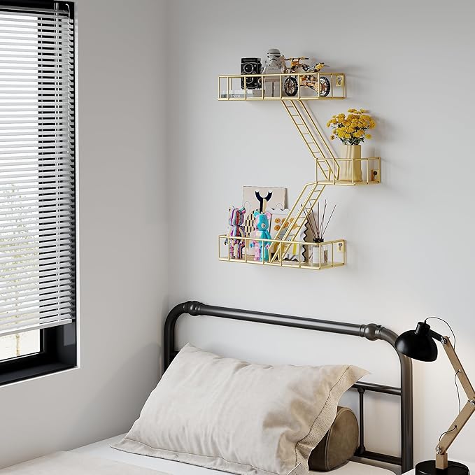 Fire Escape Shelf - 3 Tier Metal Glod Fire Escape Wall Shelves with Baskets, New York Action Figurine Display Shelf, Unique Rustic Floating Decorative Wall Shelves for Any Room