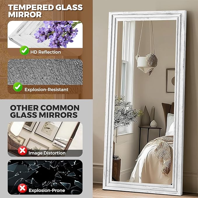Full Length Wood Mirror 71x30 - Rustic Solid Wood Floor Mirror with Triple Layer Frame, HD Tempered Glass, Wall Mounted or Leaning Standing Mirror Vintage White Mirror for Bedroom Bathroom Living Room