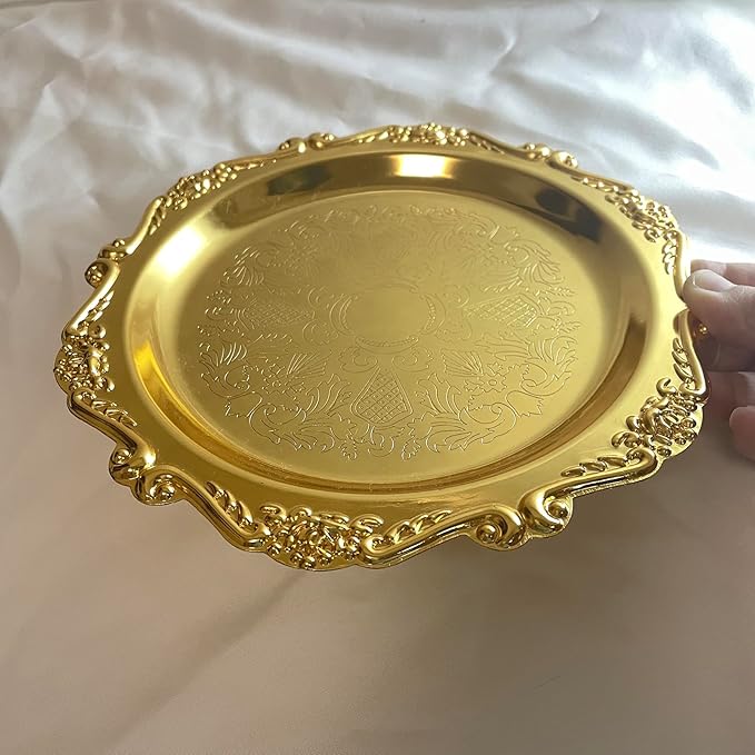 Tray Stainless Steel Decorative Trays Round Gold, Vintage Jewelry Perfume Storage Organizer with Embossed Rims, Small Display Tray Organizer for Dresser,Bedroom,Home Decor