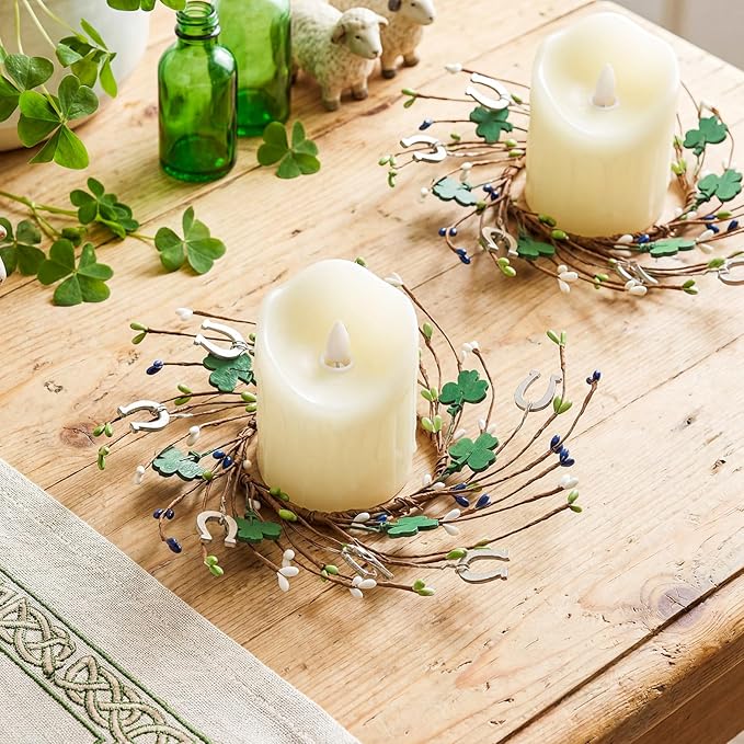 Daifunli 2 Pcs St. Patrick's Day Candle Ring Shamrocks Rings Wreaths Vintage Clover Berries Wreaths for Pillar 3.9 Inch Candles Holder for St. Patrick's Day Irish Rustic Table Centerpiece Decor