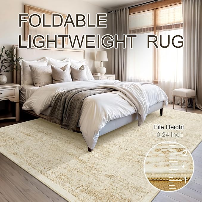 Soalmost 6x9 Area Rug for Living Room Floral Washable Non-Slip Modern Rugs for Bedroom Dinning Room Ultra-Thin Indoor Beige