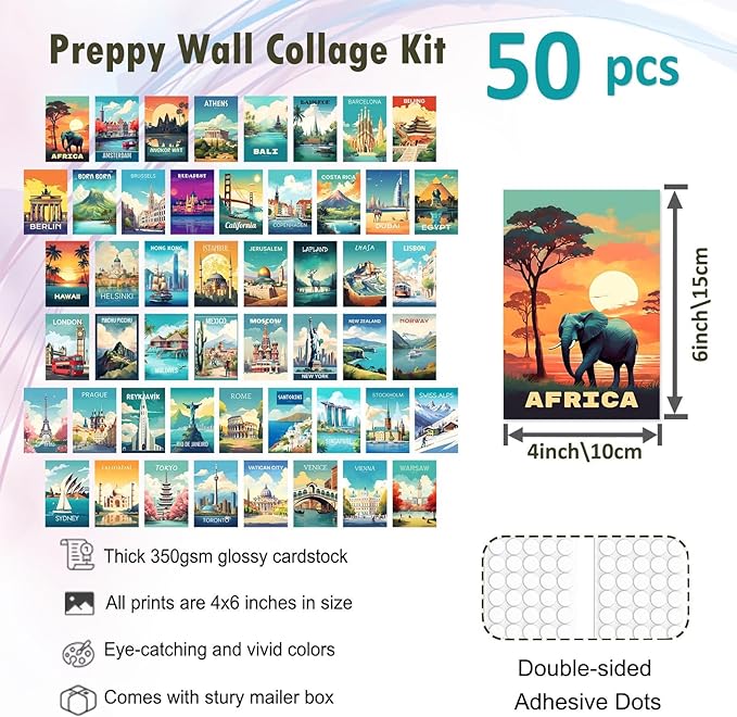 KBKBART Vintage Travel Decor Posters, 50 Pcs Retro Wall Art Prints, Trendy Travel Poster Aesthetic Pictures, Around The World Mini City Landscape Photo Wall Collage Kit 4"x6" for Teen Dorm Bedroom Decor