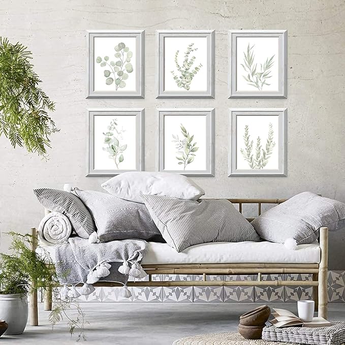 Botanical Plant Wall Art Boho Decor Prints Light Green Eucalyptus Leaf Picture Canvas Wall Art Minimalist Floral Wall Decor for Bedroom Living Room Bathroom Kitchen (Set of 6, 12x16 inch, Unframed)