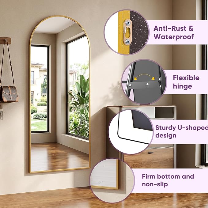 Full Length Mirror, 71"x27" Arched Floor Mirror Freestanding, Floor Standing Full Body Mirror with Stand for Bedroom, Hanging Mounted for Living Room Cloakroom, Gold