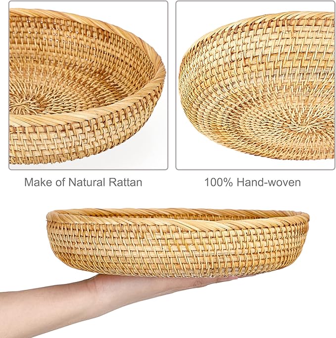 Hipiwe 9.9" Round Key Basket Bowl for Entryway Table Wicker Storage Basket Woven Keys Bowl Holder Crackers Fruit Candy Serving Tray Rattan Organizer Basket for Remote Control Wallet Cell Phone