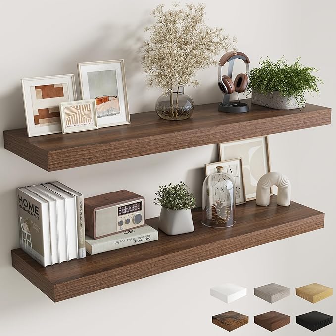 Fun Memories 12 Inch Deep Floating Shelves, 48 x 12 Floating Shelves for Wall Set of 2, Extra Deeper Hanging Wood Wall Shelves for Bedroom, Living Room, Kitchen, Walnut
