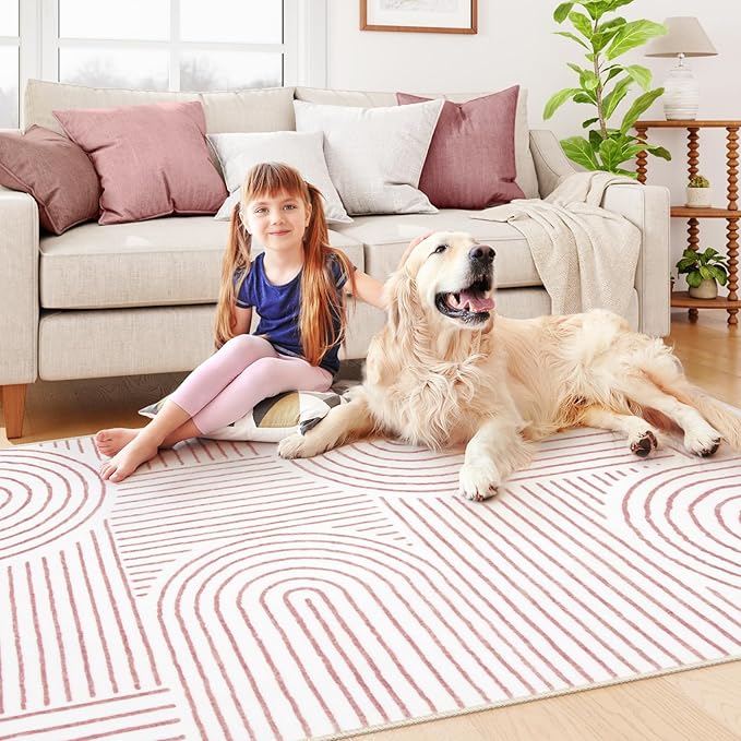 Lahome Abstract Washable Rugs, 4x6 Pink Rug for Bedroom Nursery Soft Non Slip Modern Living Room Rug, Ultra-Thin Non-Shedding Throw Carpet for Entryway Kitchen Office Darrell (4'x6',Pink/White)