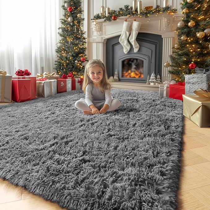 Amdrebio Grey Modern Large Living Room Rugs 6x9, Fluffy Area Rug for Bedroom, Shaggy Indoor Carpet for Kids Room Decor, Fuzzy Big Carpets for Playroom, Plush Thick Farmhouse Rugs, Soft Shag Fur Rug