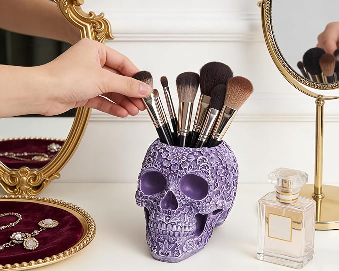 Skull Bowl Decorative Skull Vase Makeup Brush Pen Holder Organizer Dresser Gothic Table Organizer Decoration, Purple Skull Pot Enthusiasts Gifts