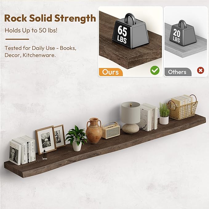 Vivelove Live Edge Floating Shelves for Wall Solid Elm Wood, Rustic Farmhouse Wall Shelf with Invisible Bracket for Living Room Bedroom Bathroom Office Book, 72 Inches - Set of 1 - Dark Walnut