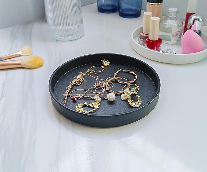 Black Round Small Tray - 6.5 Inch Elegant Bathroom Vanity Tray, Kitchen Counter Organizer & Coffee Table Decor | Sturdy Plastic Serving Tray for Perfume, Soap, or Essentials