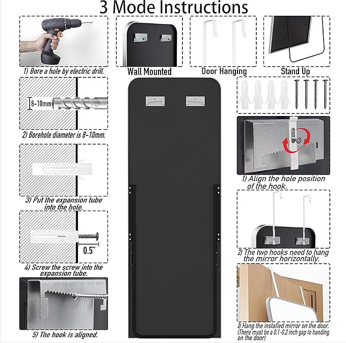 SCWF-GZ 57x20 Door Hanging Full Length Mirror, Floor (Height 5.7ft just Body in 1.3ft) or Wall Mounted Metal Frame Rectangle Dressing Mirrors for Bedroom Bathroom Living Room 57 inch Silver