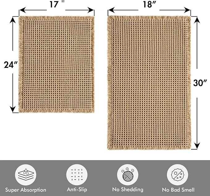 MIULEE Set of 2 Waffle Bathroom Rugs, Boho Bath Rugs Non Slip Washable, Super Absorbent Bath Mats, Ultra Soft Rubber Backed Shower Mats for Bathroom Floor, Tub, Brown, 17"x24"+18"x30"