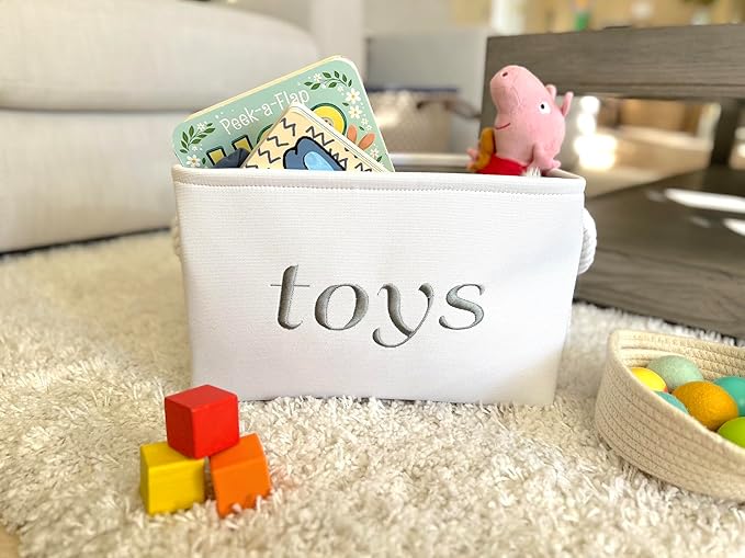 APPLE PIE ORDER Nursery basket, Storage & organizer Bin for Baby, Diapers, Wipes, Books, Toys. White Canvas fabric Decorative Box with Embroidering. (Toys - Gray, Medium)