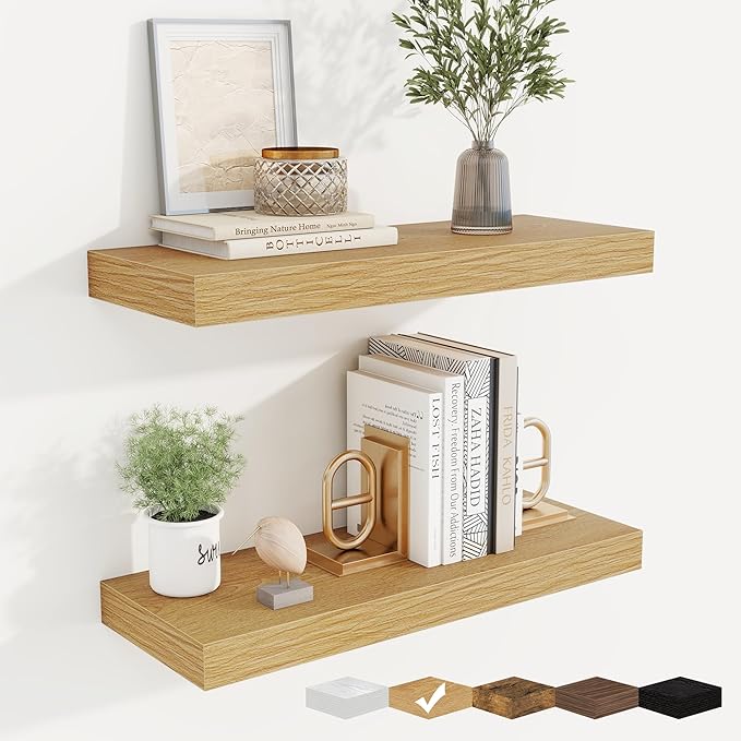 fuqing Floating Shelves for Wall, Wall Mounted Wood Floating Shelf with Invisible Brackets for Living Room, Bathroom, Bedroom, Kitchen Storage and Decor, 20 Inch Set of 2, Oak