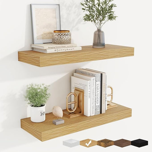 fuqing Floating Shelves for Wall, Wall Mounted Wood Floating Shelf with Invisible Brackets for Living Room, Bathroom, Bedroom, Kitchen Storage and Decor, 20 Inch Set of 2, Oak