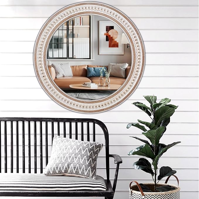 30 Inches Farmhouse Large Round Wall Mirrors Wooden, Rustic Decorative Circle Mirror for Bathroom Over Sink, Bedroom, Living Room, Entryway