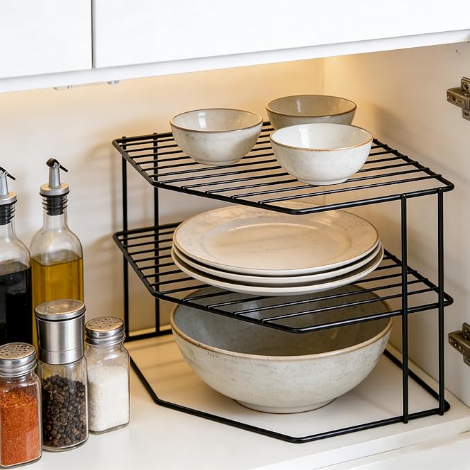 3-Tier Kitchen Corner Shelf Rack – 10x10x7 Inch Metal Wire Counter & Cabinet Organizer, Pantry Kitchen Counter Storage Shelf and Organizer for Plates, Cups, Dishes (Black)