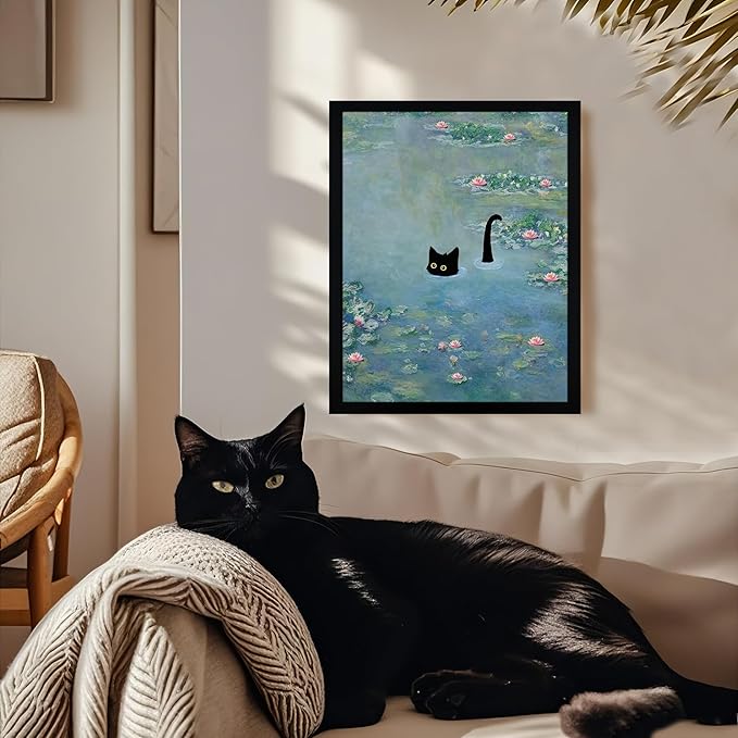 Fantasy Artists Monet Water Lilies Cat Wall Art, Framed Vintage Canvas Art Wall Decor, Funny Black Cat Posters Prints for Bathroom Bedroom Living Room Home Office Decorations 8" Wide X 10" Height