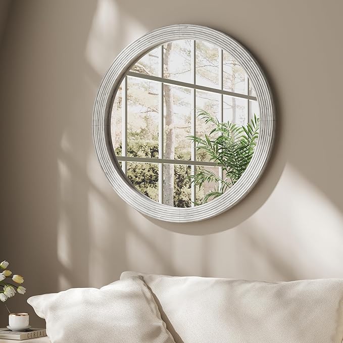 ULIKE Round Rustic Mirror for Bathroom, Farmhouse Mirror with Wood Frame, 30x30 Inch White Vanity Mirrors for Wall Decor of Bedroom or Living Room