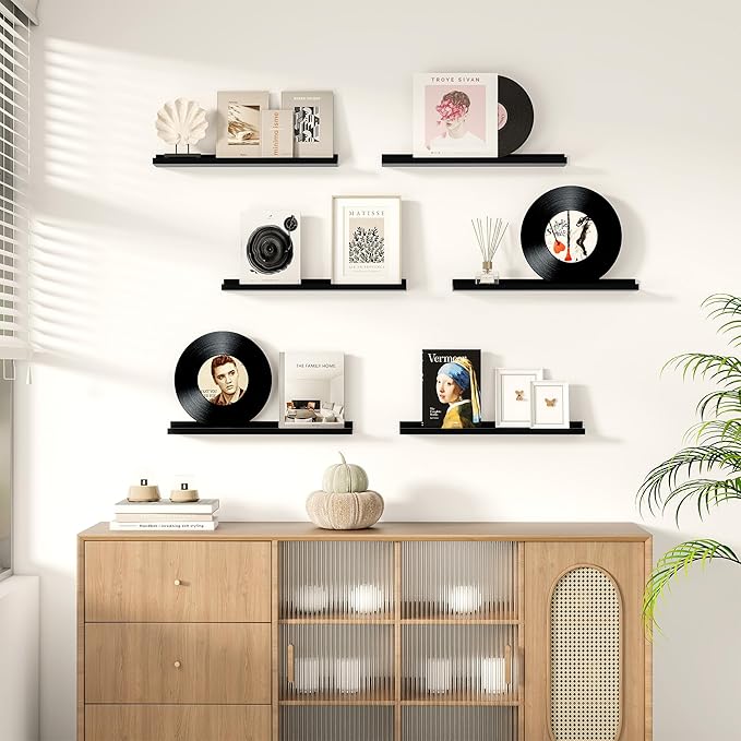 Fun Memories Floating Picture Ledge Shelves, Wall Mounted Wood Storage Shelf for Bedroom, Living Room, Bathroom, Kitchen, Nursery, Display Picture Ledge Shelf Set of 2-16 Inches, Black