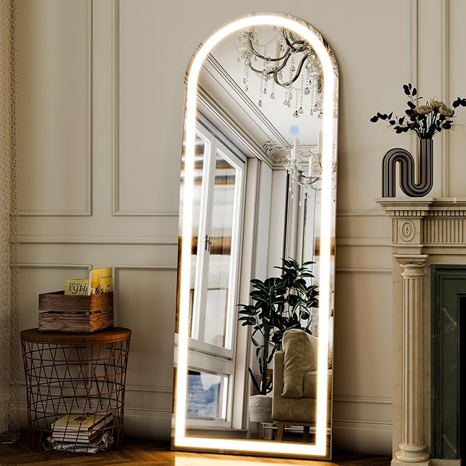 GLSLAND 20"x56" Arched LED Full Length Mirror with Lights – Wall Mounted or Standing Full Body Mirror for Bedroom/Cloakroom – Dimmable with 3 Color Lighting Modes