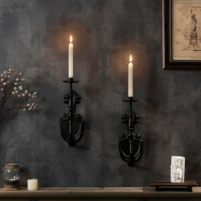 Gothic Wall Sconce Candle Holder for Taper Candles (Set of 2) Black Victorian Wall Decor for Living Room, Bathroom,Dining Room - 14.1 x 4.7 inch