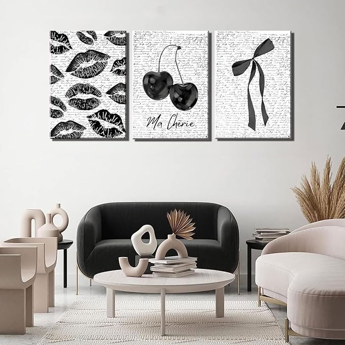 3Pcs Vintage Funky Black White Lips And Cherry Canvas Wall Art Girl Fashion Aesthetic Bow Wall Decor Ma Cherie Dark Coquette Posters Prints for Neutral Preppy Apartment Girl Room12x16in framed