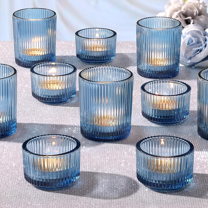 NITIME 20pcs Ribbed Blue Votive Candle Holders, Assorted Tea Lights Candle Holder, Blue Glass Candle Holders for Table Centerpiece, Wedding Table Settings and Party Decorations