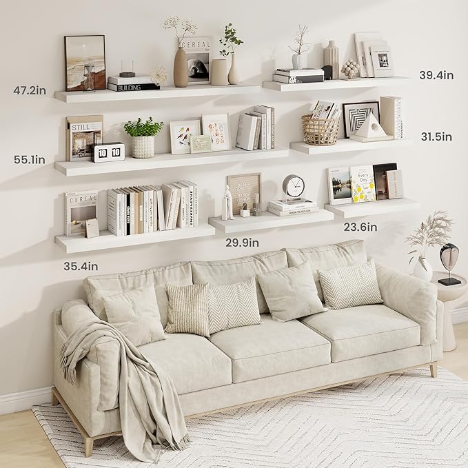Fun Memories 55 Inch Fireplace Mantel Shelf, 9.3" Deep Floating Shelves for Wall, Long Wall Mounted Farmhouse Display Shelves with Invisible Heavy Duty Metal Bracket, White, 2 Pack
