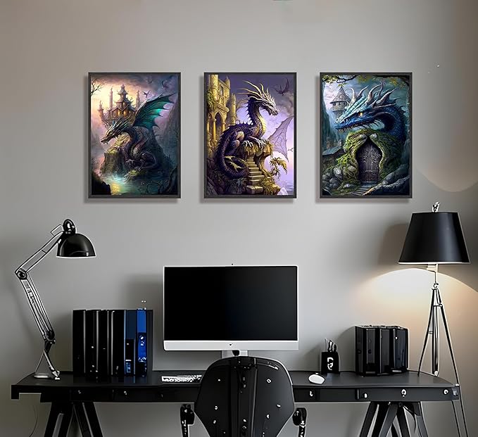 FJKLRP 3pcs Fantasy Dragon Wall Art Castle & Mythical Dragon Design Canvas Prints poster Fantasy Wall Decor with Fantasy Themed Wall Decor for Bedroom Gaming Room Living Room Decoration Unframed