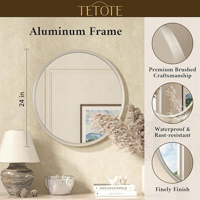 TETOTE Round Mirror 24 inch Brushed Nickel Mirror for Bathroom