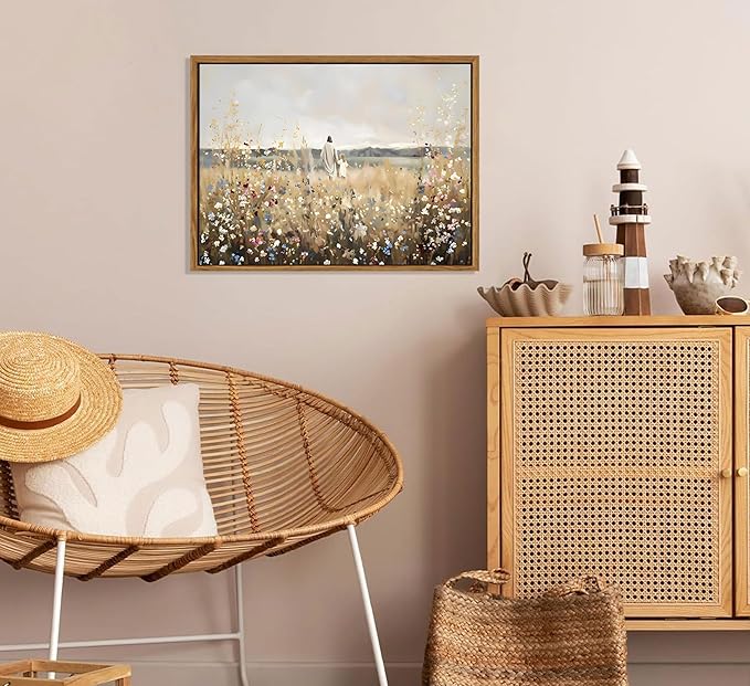 Framed Jesus Canvas Wall Art Jesus and Little Girl Walking in Flower Field Painting Pictures Christian Wildflowers Prints Religious Home Wall Decor for Living Room Bedroom Office Church
