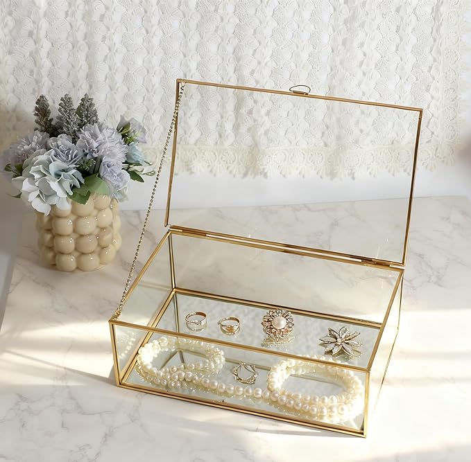 Feyarl Gold Glass Photo Display Box Figures Keepsake Box Jewelry Trinket Rings Earrings Perfume Storage Organizer Display Case Makeup Holder for Home Decor Wedding (10.8 x 7 x 3.9inch)