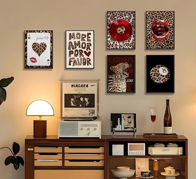 6pcs Fashion Leopard Wall Art Prints Leopard Lucky 8 Ball Poster Ace of Hearts, Spades Poker Canvas Prints Vintage Preppy Room Aesthetic Cheetah Wall Decor for Teen Girls Bedroom Dorm Apartment Living Room Decor Unframed